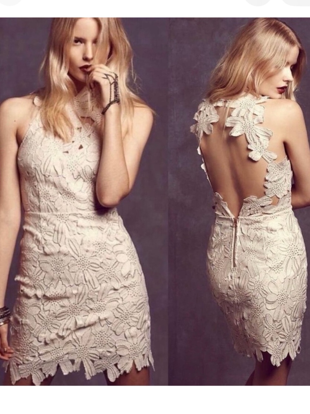 Free People + Saylor Jessa Ivory Floral Lace Backless Mini Dress
